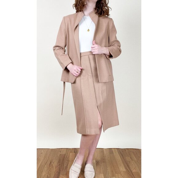 Vintage Camel Hair Wool Matching Midi Skirt Suit Set Preppy Belted Co-ord Formal - Picture 4 of 8